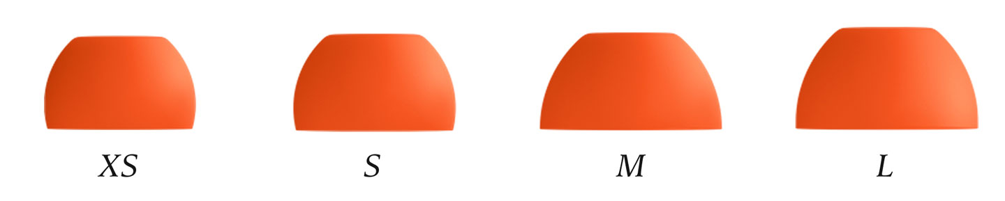 Afbeelding van maten oorkussentjes in extra small, small, medium, large