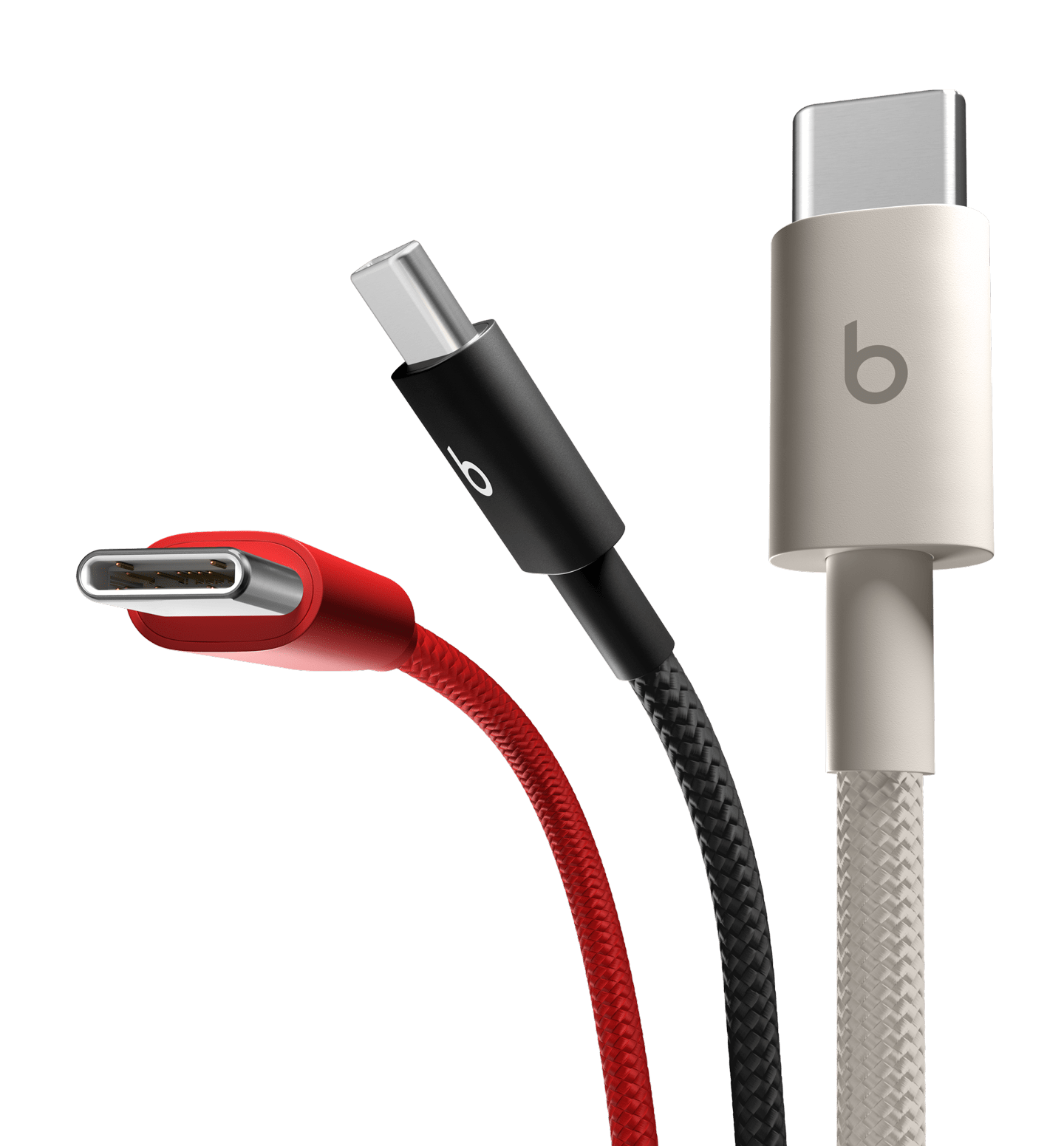 Beats USB-A to USB-C Woven Cables in Bolt Black, Surge Stone and Rapid Red.