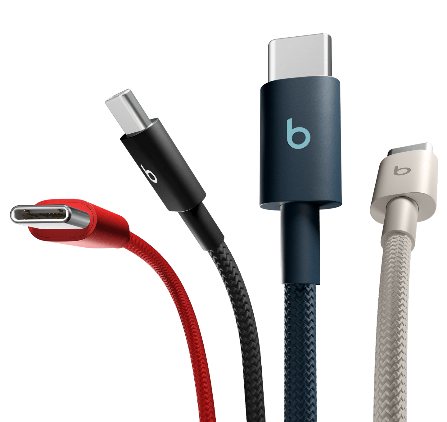 Beats USB-C to USB-C Woven Cables in Bolt Black, Surge Stone, Nitro Navy and Rapid Red.